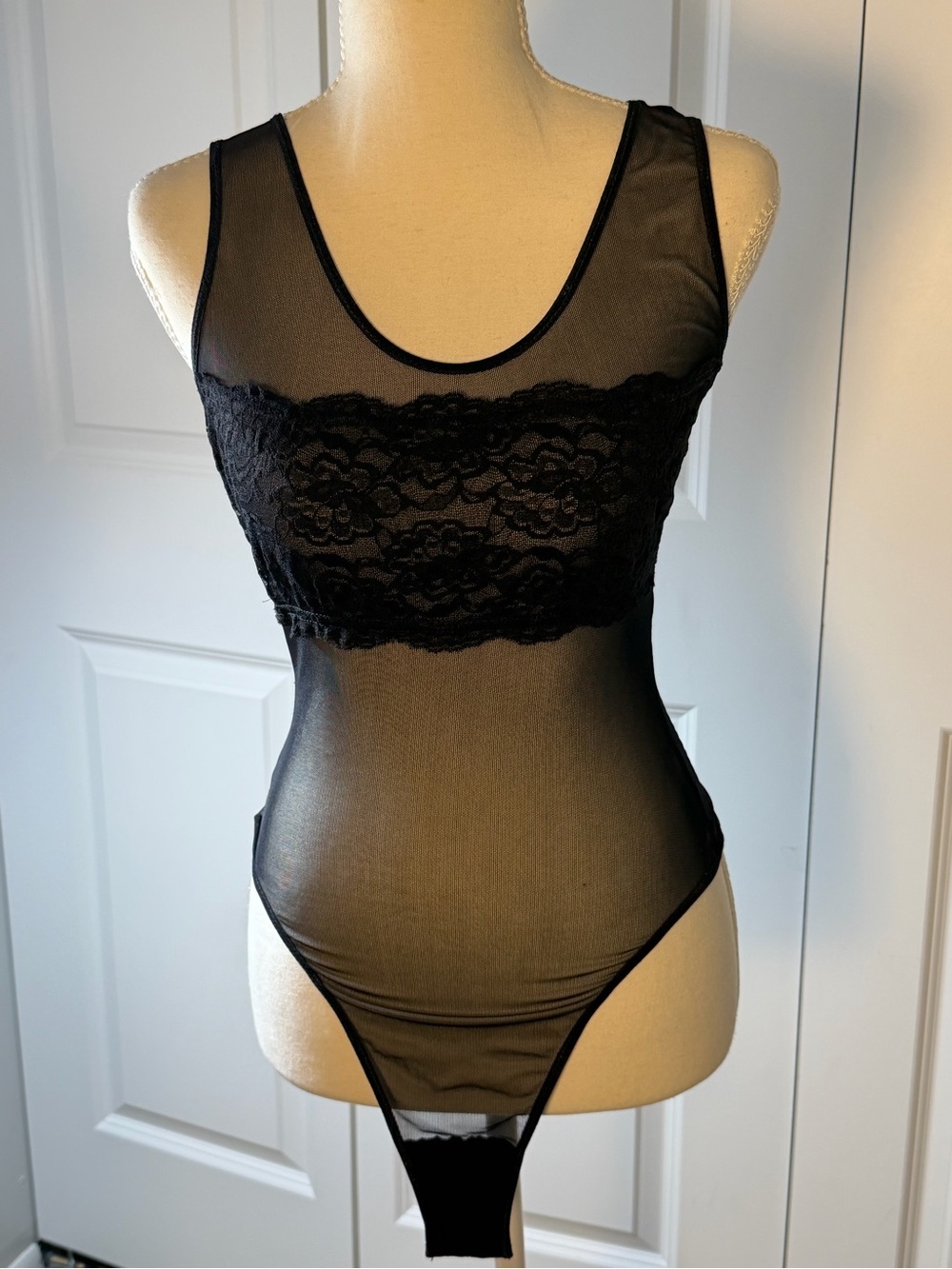 Vtg USA Black Lace Sheer Tank Bodysuit -